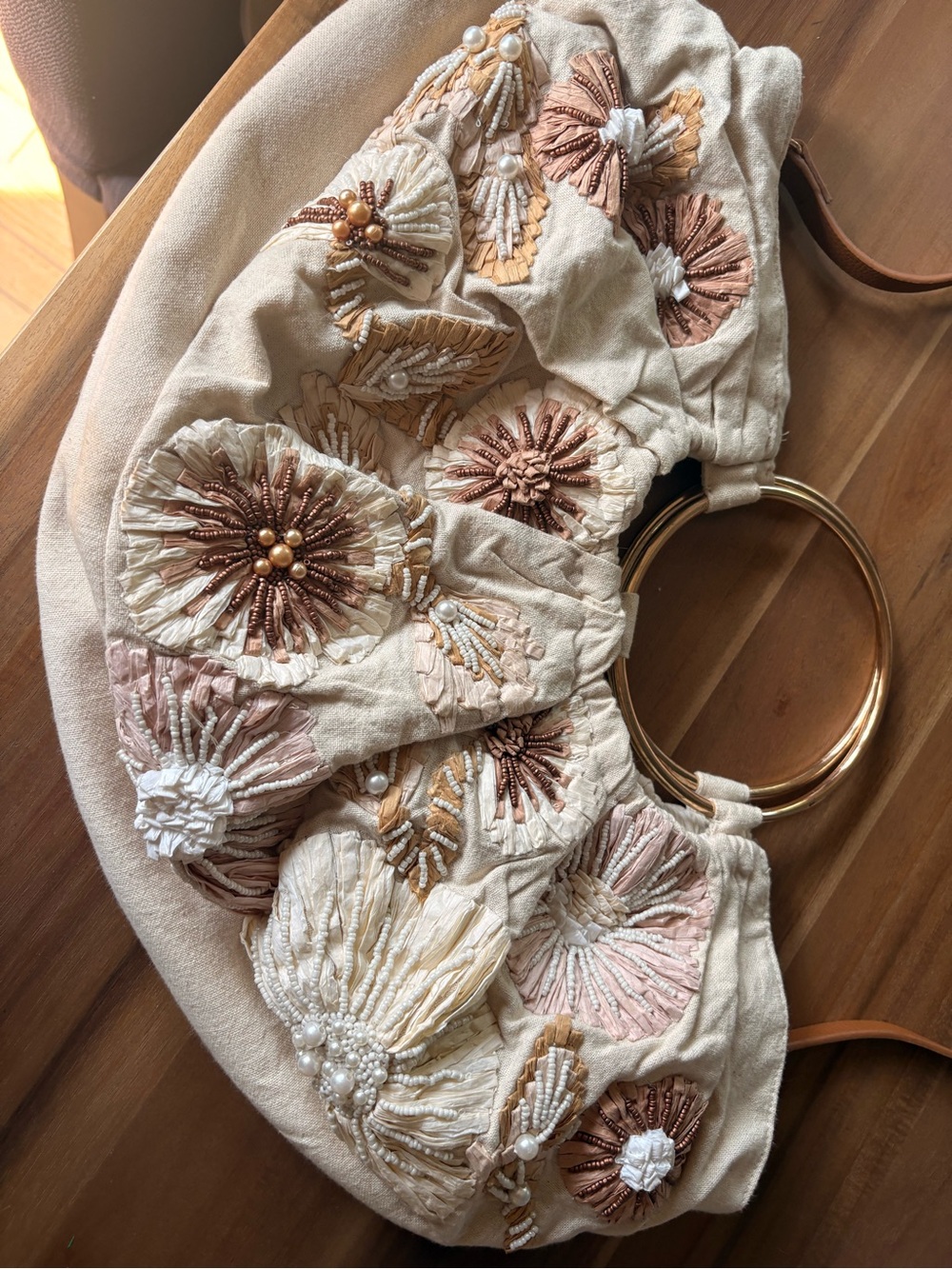Embroidered Anthropologie Cream & Blush Boho Ring-Handle Shoulder Bag